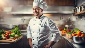 ai generado cocinero en el cocina con Fresco vegetales foto