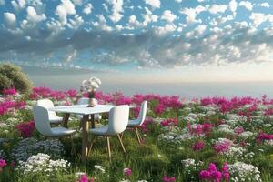 AI generated Abstract 3d render, Platform and Natural podium background, White table and chairs set on the flowers and grass filed backdrop blue sky and clouds for product display or etc. photo