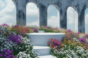 AI generated Abstact 3d render spring scene and Natural podium background, White stone podium on the colorful flowers and grass field backdrop three arch doors for product display advertising. photo