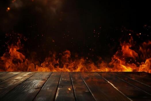 AI generated wooden table with Fire burning at the edge of the table, fire particles, sparks, and smoke in the air, with fire flames on a dark background to display products. generative ai. photo