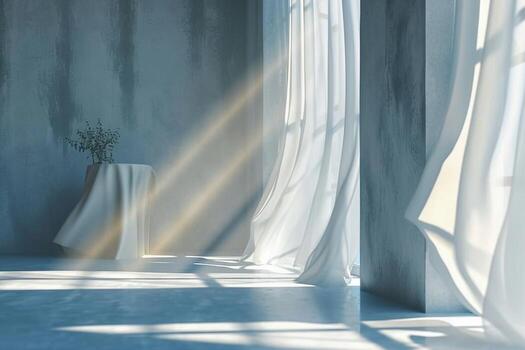 AI generated Empty room with shade from window light and white curtains. Minimal interior with concrete wall and floor. Architecture background showroom. generative ai. photo