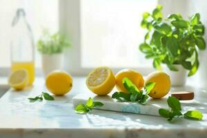 AI generated Lemons and mint on marble board over kitchen window background. generative ai. photo