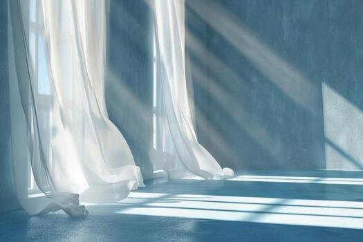 AI generated Empty room with shade from window light and white curtains. Minimal interior with concrete wall and floor. Architecture background showroom. generative ai. photo