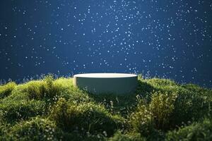 AI generated Abstact 3d render Natural background, Stone podium on the grass field, backdrop the stars that shine in the night sky for product display, advertising, cosmetic or etc. generative ai. photo