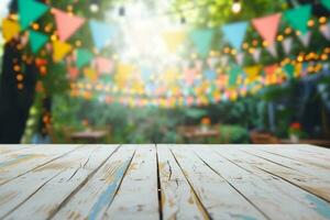 AI generated Empty wooden table with party in garden background blurred. generative ai. photo