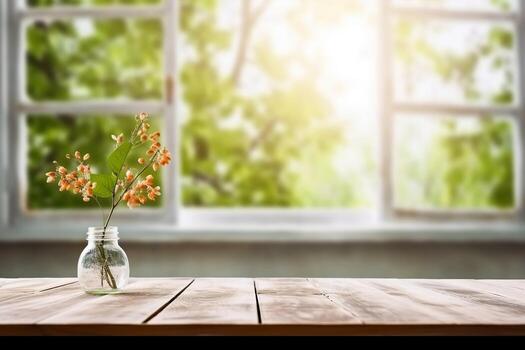 AI generated Table background of free space and spring window background. generative ai. photo