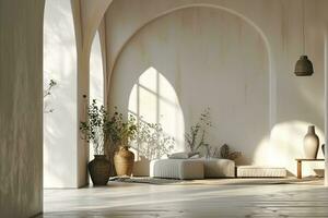 AI generated Modern bright minimalist interior blank wall in living room, arches, dry plants in vases. 3d render illustration mock up. generative ai photo