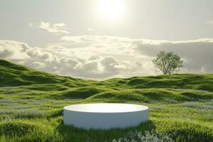 AI generated Abstract 3d render platform natural background, White podium on the grass field backdrop cloud and sky for product stand display advertising, cosmetic or etc. generative ai. photo