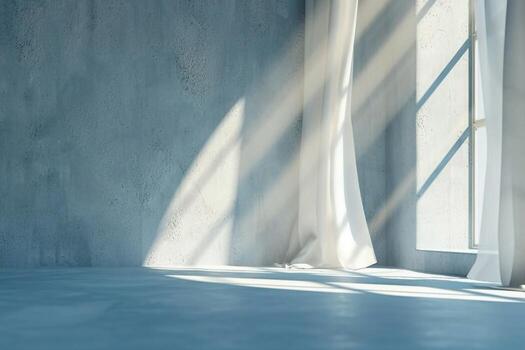 AI generated Empty room with shade from window light and white curtains. Minimal interior with concrete wall and floor. Architecture background showroom. generative ai. photo