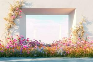 AI generated Spring floral installation scene with geometric arch form. 3d rendering. generative ai. photo