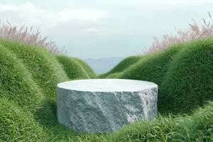 AI generated 3d render platform and Natural podium background on the mountain grass field, cloud and sky for product stand display advertising cosmetic beauty products or skincare. generative ai. photo