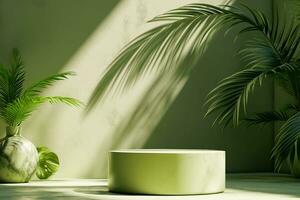 AI generated Minimal abstract podium green background for product presentation. Tropical leaf shadow on plaster wall. 3d render. Spring and summer. generative ai. photo
