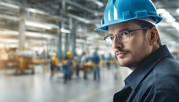 AI generated a man in a hard hat and glasses in an industrial factory photo