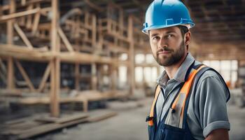 AI generated a man in a blue helmet and blue vest standing in front of a building photo