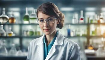 AI generated a woman in a lab coat and glasses photo