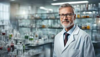 ai generado un hombre en un laboratorio Saco en pie en frente de un laboratorio foto