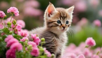 ai generado un gatito es sentado en un campo de rosado flores foto