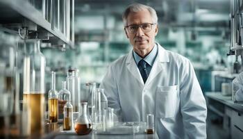 ai generado un hombre en un laboratorio Saco en pie en frente de un laboratorio foto