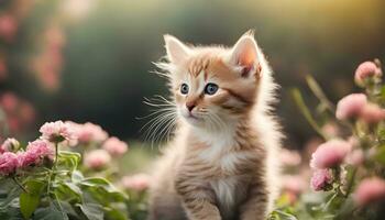 ai generado un gatito es sentado en un campo de flores foto