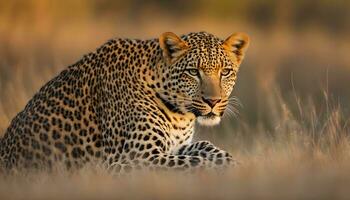 ai generado un leopardo sentado en alto césped foto