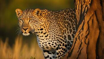 ai generado un leopardo es en pie en frente de un árbol foto