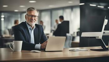 AI generated an older man in a suit sitting at a desk with a laptop photo