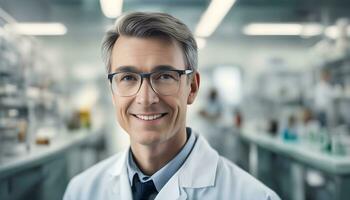 ai generado un hombre en un laboratorio Saco y lentes foto