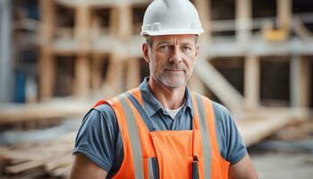 AI generated a man in an orange vest and hard hat standing in front of a construction site photo