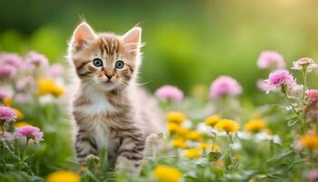 AI generated a kitten is standing in a field of flowers photo