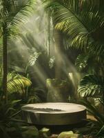 AI generated podium in a tropical place with soft light falling on the podium photo