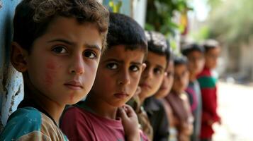 AI generated poor children standing in line waiting for food photo