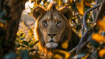 ai generado gratis foto de un león en el selvas durante dorado hora