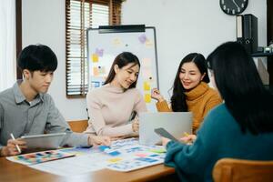 UX developer and ui designer brainstorming about mobile app interface wireframe design with customer breif and color code photo