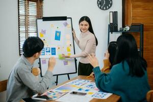UX developer and ui designer brainstorming about mobile app interface wireframe design with customer breif and color code photo