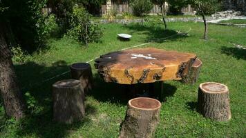 a table and chairs made from tree trunks video