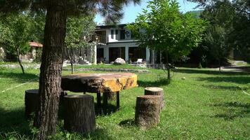 une table et chaises fabriqué de arbre les troncs video