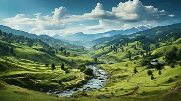 AI generated Green meadow  trees and hills grass land on summer photo