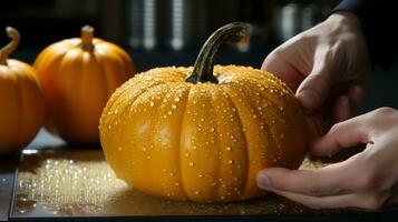 ai generado calabaza preparando en cocina y joven mujer mano foto