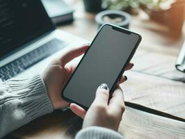 ai generado joven mujer de negocios manos participación teléfono inteligente Bosquejo blanco blanco mostrar, vacío pantalla para social medios de comunicación aplicación a oficina foto