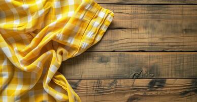 AI generated Top view of yellow checkered tablecloth on blank empty wooden table background banner, food concept photo