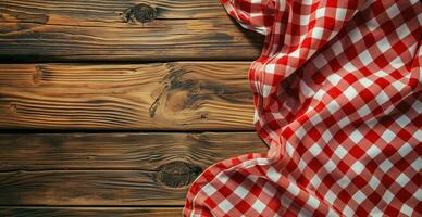 AI generated Top view of red checkered tablecloth on blank empty wooden table background, food concept photo