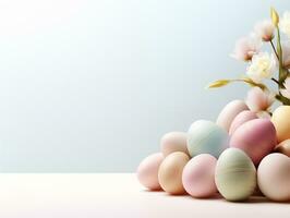 AI generated Happy easter eggs pastel color with flowers on white background, copy space for text photo