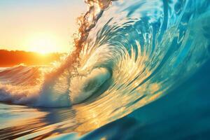 AI generated Close up inside of abstract wave breaking in the sunset or sunrise background natural light photo