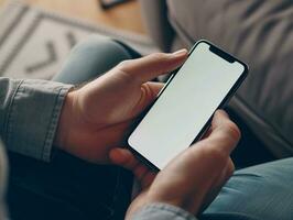 AI generated Young man hands holding smartphone mockup white blank display, empty screen for social media app at home photo