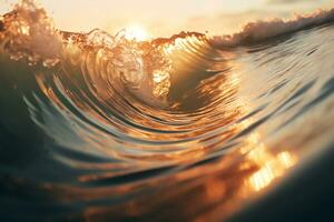 AI generated Close up inside of abstract wave breaking in the sunset or sunrise background natural light photo