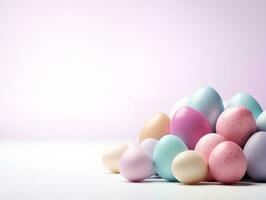 AI generated Happy easter eggs pastel color on pink background, copy space for text photo