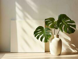 AI generated Modern summer still life photo, vase with green monstera tree branch in sunlight with long shadows with blank picture frame mockup photo
