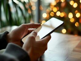AI generated Young man hands holding smartphone mockup white blank display, empty screen for social media app at home photo