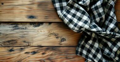 AI generated Top view of black checkered tablecloth on blank empty wooden table background banner, food concept photo