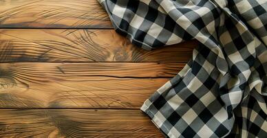 AI generated Top view of black checkered tablecloth on blank empty wooden table background banner, food concept photo